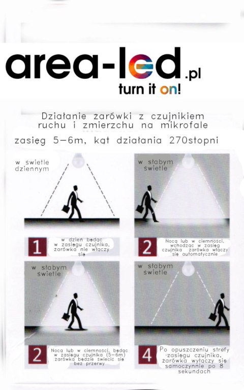 Żarówka LED bulb E27 z czujnikiem ruchu 9W 900lm 6500K biała zimna Żarówka LED bulb E27 z czujnikiem ruchu 9W 900lm 6500K biała zimna